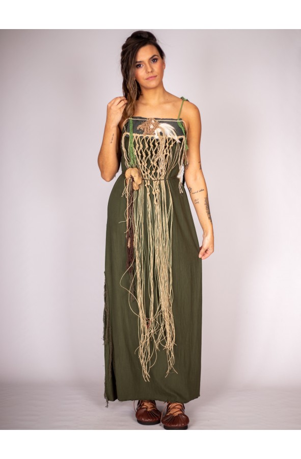 Rustic Green Viking Dress with Hemp Cord