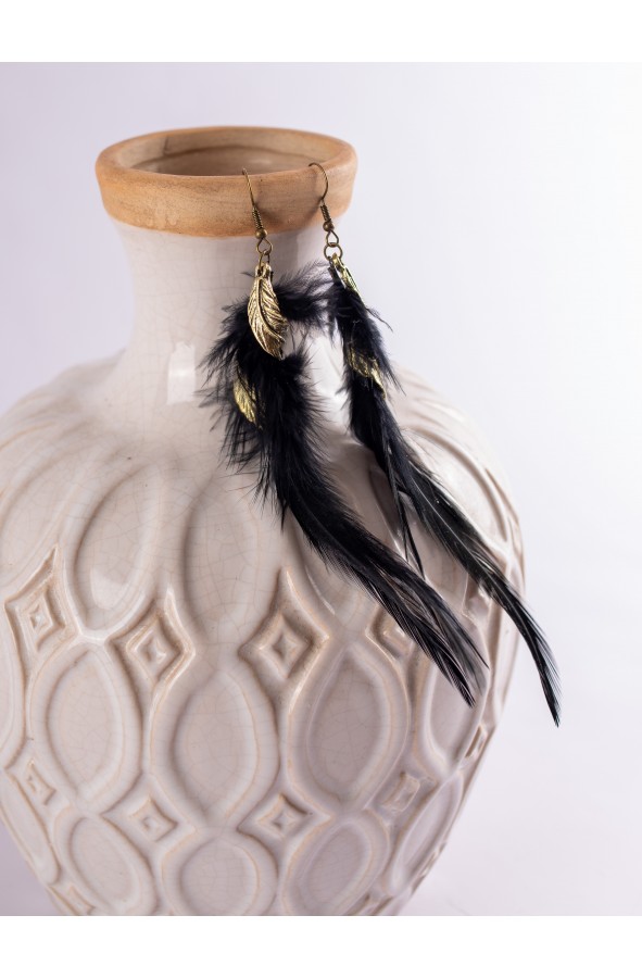 Black Feather Earrings with Golden...