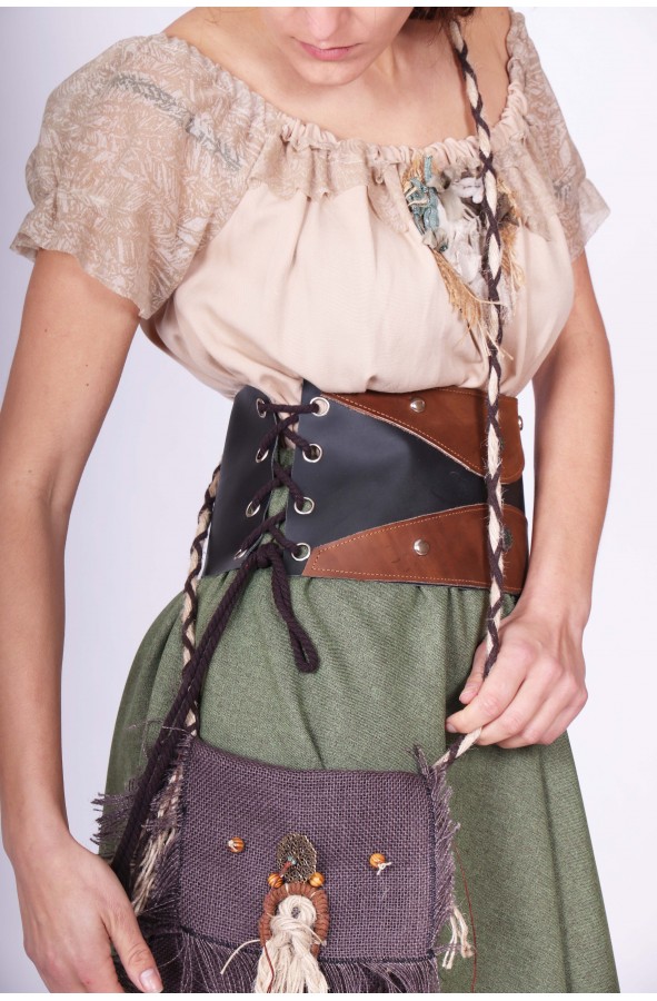 Fajín medieval de cuero marrón y...