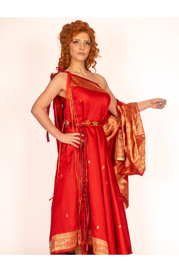 Red Roman Asymmetrical Dress with...