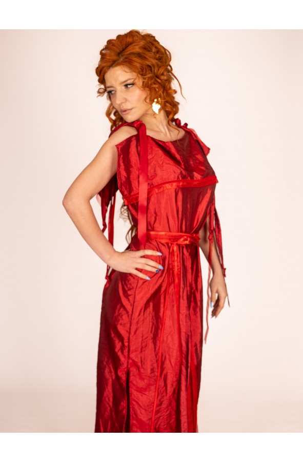Roman Elegance: Red Peplos Dress...