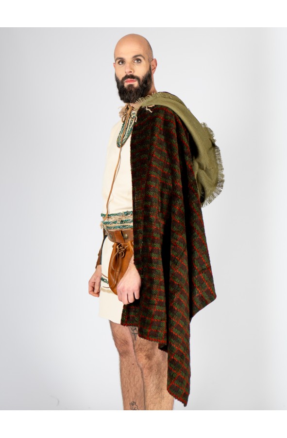 Celtic-Viking Plaid Cloak with Frayed...