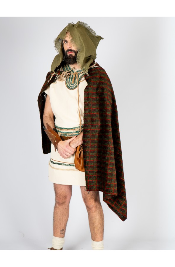 Celtic-Viking Plaid Cloak with Frayed...