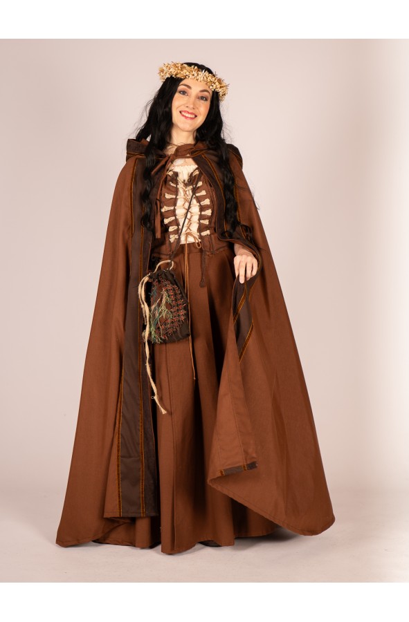 Medieval Brown Cloak with Velvet Trim