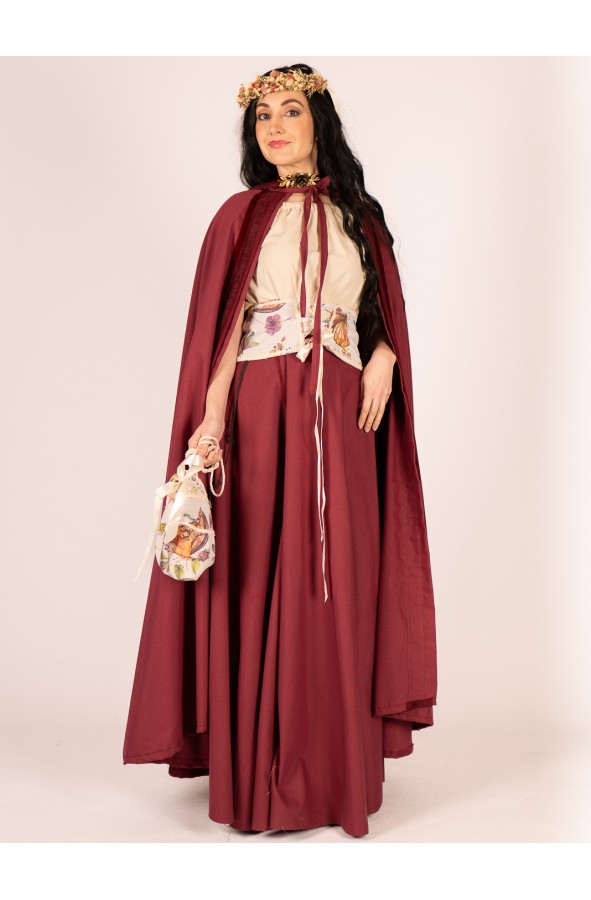 Burgundy hooded cloak with velvet trim