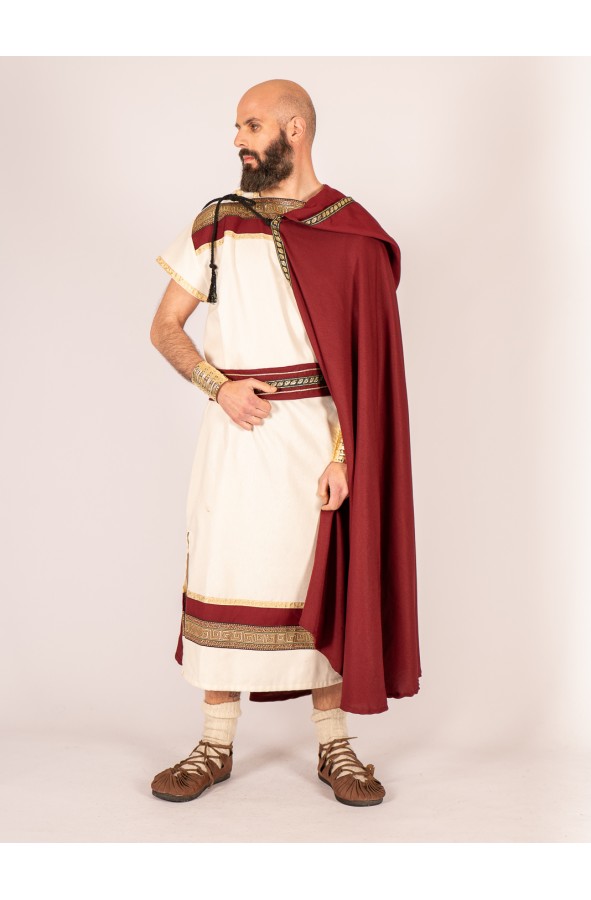 Roman hooded cloak with trim and cord...