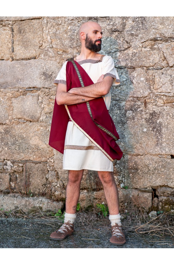 Roman white tunic with burgundy toga...