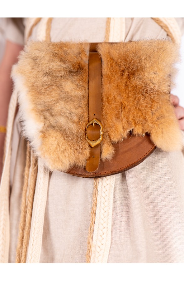 Aged brown leather pouch with rabbit...