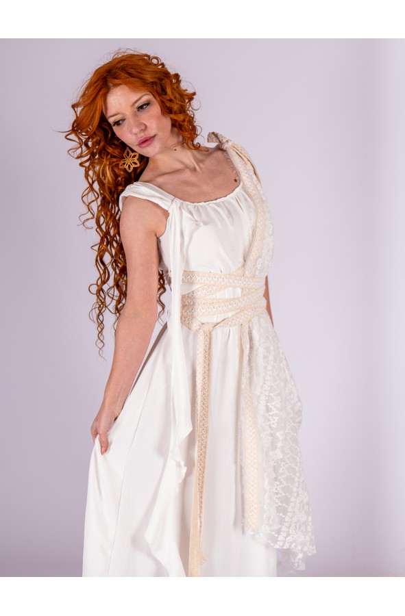 White Roman Dress with Geometric Lace...