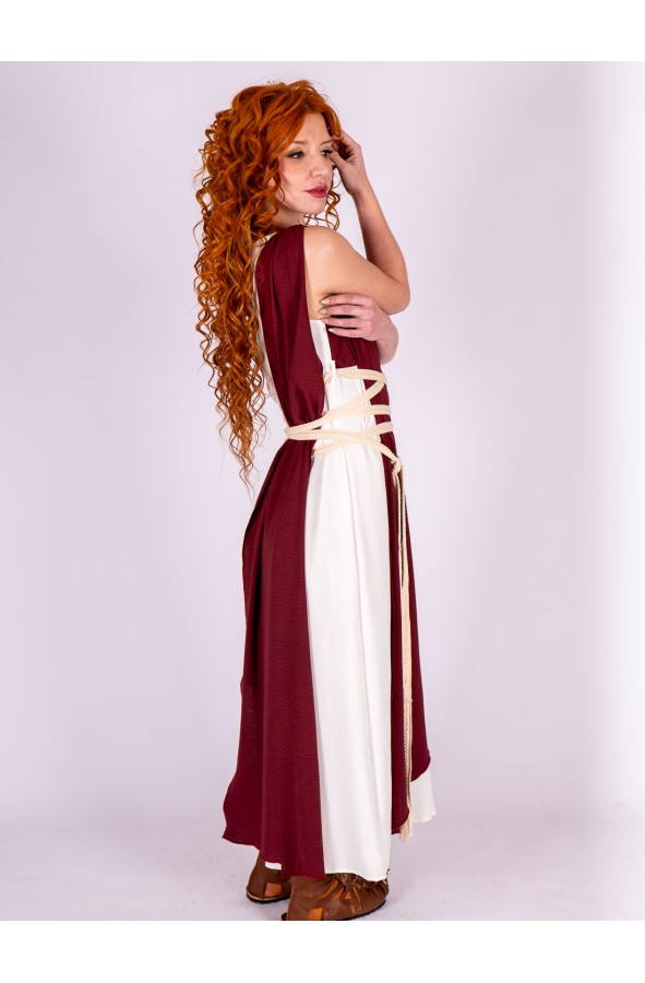 Vestido romano blanco y burdeos con...
