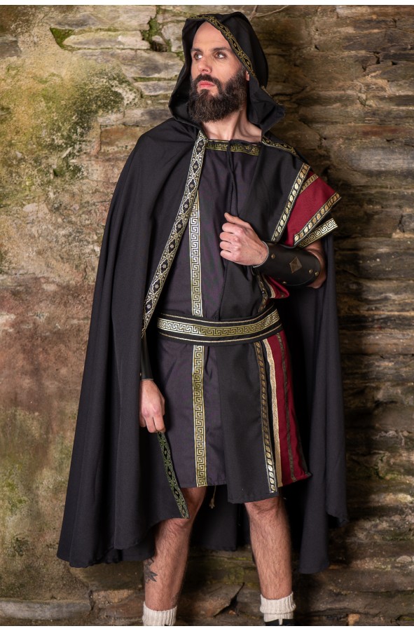 Black Roman Cloak with Hood and Trimming